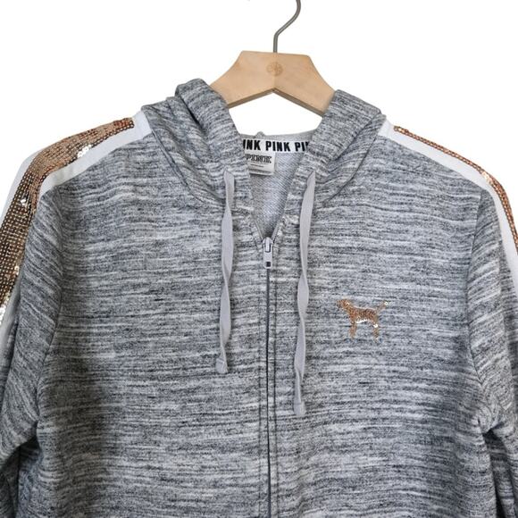 PINK Victoria's Secret Women's M Gray Sequined Zip Front Hoodie Jacket - Picture 3 of 8